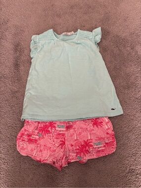 Girls Vineyard Vines Light Blue Ruffle Sleeve Top with Pink Tropical Shorts